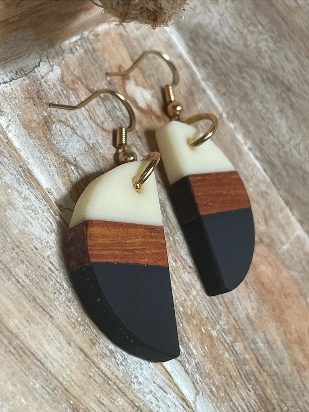Handmade Half-Moon Tri-Tone Drop Earrings in Black, Cream & Wood - Women Jewelry